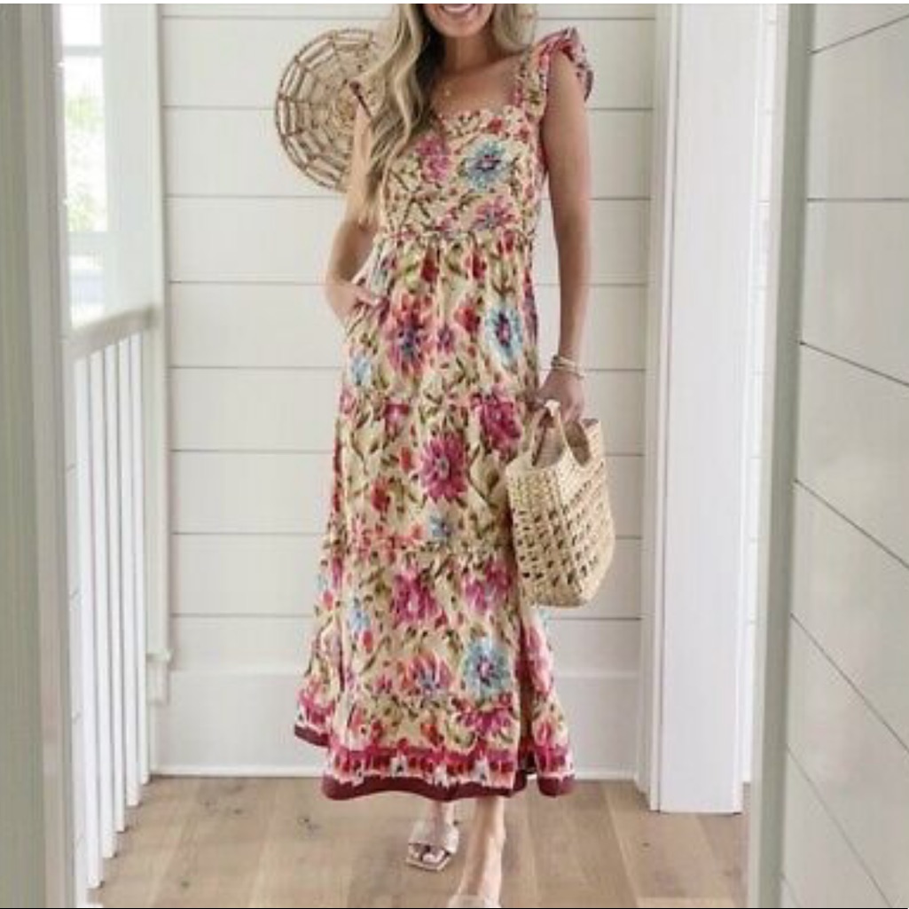 Nwt House Of Harlow | Zoey Khaki Floral Bohemian Smocked Maxi Dress | Large
